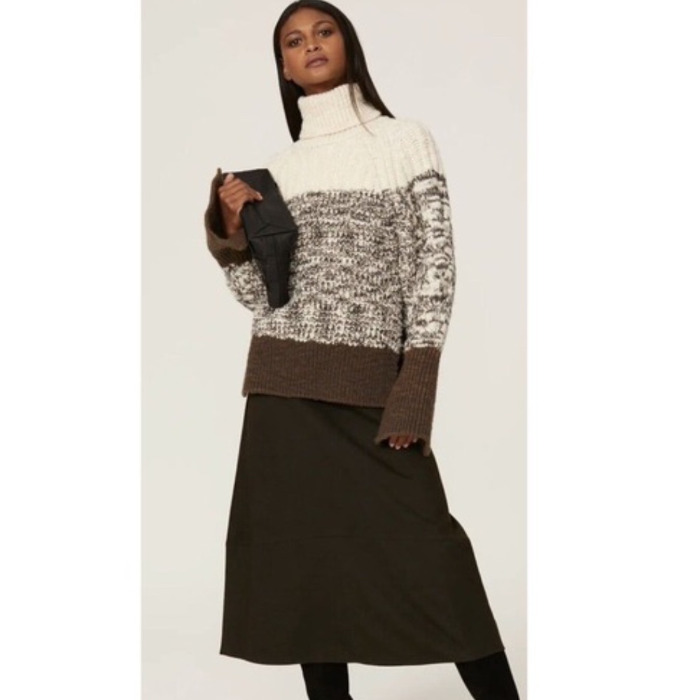 PHILLIP LIM Chunky Striped Turtleneck Wool Sweater Grey Beige in Size L